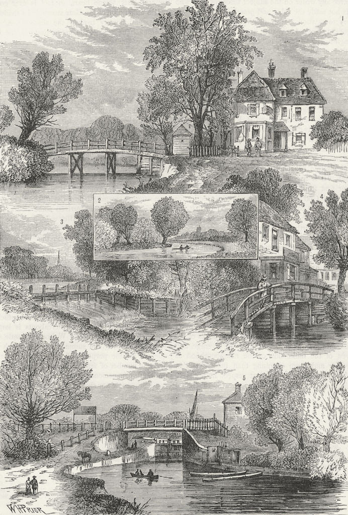 RIVER LEA. Ferry House; Tottenham Church & Lock; Weir 1880 old antique print